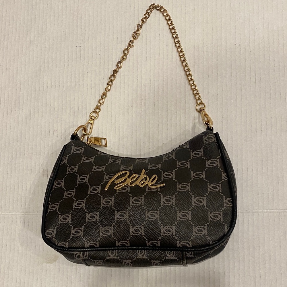 Bebe Small Compact Monogram Brown & Gold Shoulder Bag with removable chain - Picture 2 of 16